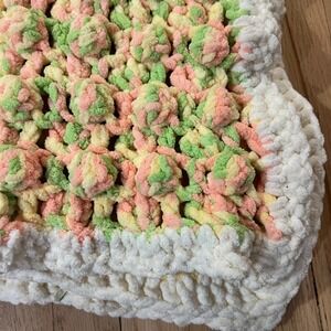 Crochet BABY BLANKET AFGHAN Rosette handmade 38"x 38"  yellow cream green pink